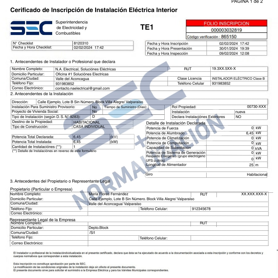 Normalización y Certificación de Instalación Eléctrica Interior monofásica