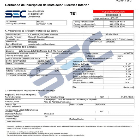 Certificación de Instalación Eléctrica Interior monofásica