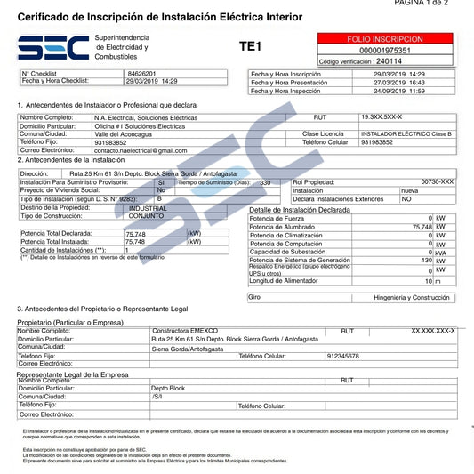 Certificación de instalación eléctrica trifásica