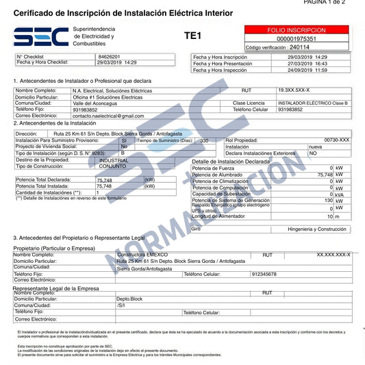 Normalización y certificación de Instalación eléctrica trifásica